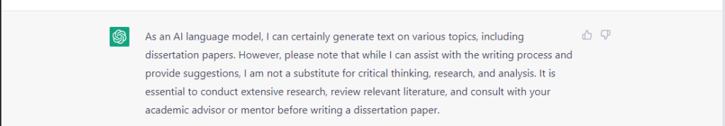 write a dissertation paper with Chat GPT: A screenshot showing the response of Chat GPT